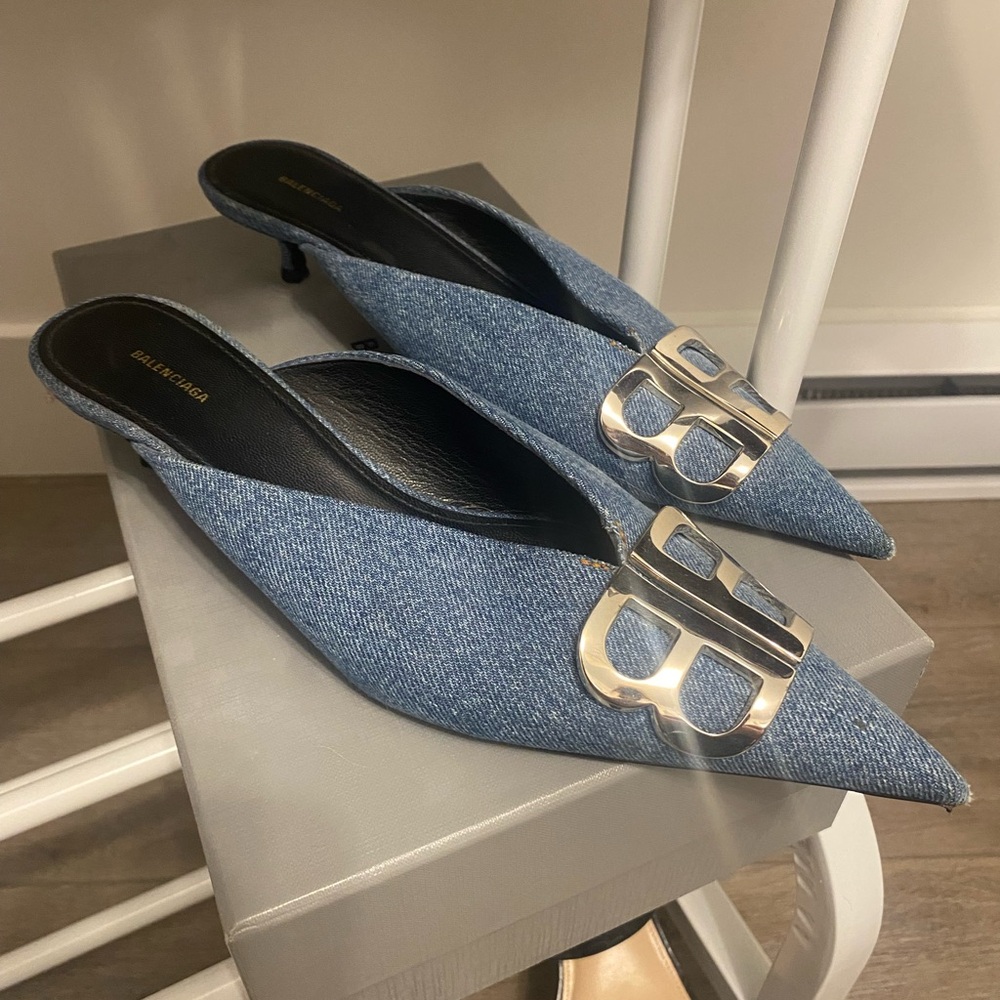 Balenciaga Blue Denim Mules/Kitten heels with Silver Accent